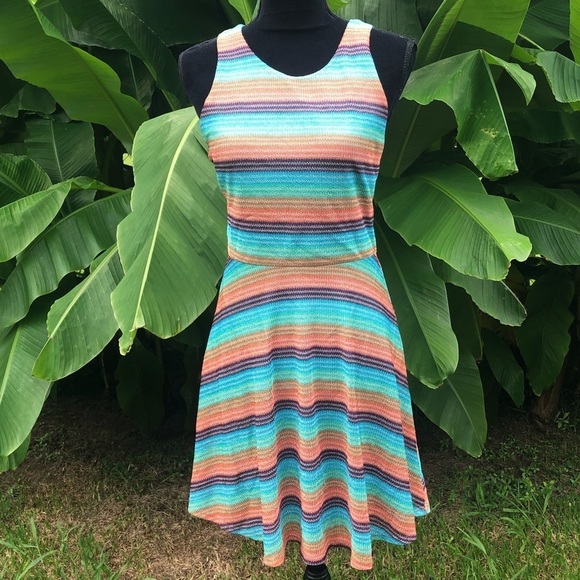 Hello Miss Sleeveless Racerback Fit & Flare Blue Striped Dress Size L - Picture 1 of 4